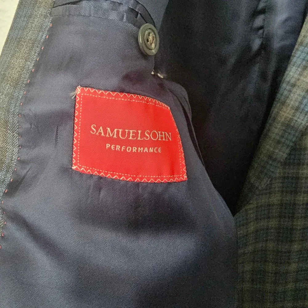 Samuelsohn Performance Mens Plaid‎ Blazer Jacket Wool Blend Blue Gray Size 48 - Picture 5 of 8